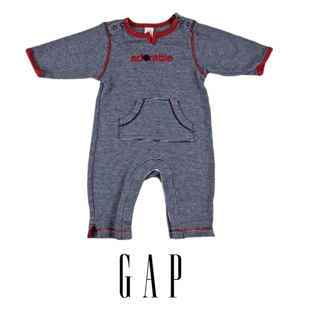 Vintage Baby GAP Newborn Adorable Striped Romper Kangaroo Pocket Jumpsuit, 0-3 M